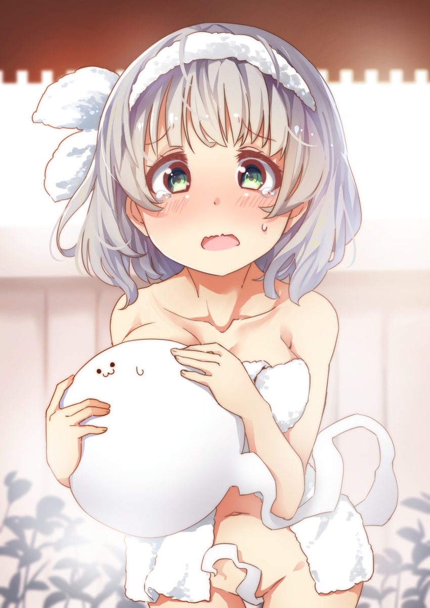 1girl :3 adapted_object alternate_breast_size bath blunt_bangs blush bob_cut breasts collarbone commentary_request convenient_censoring covering_breasts covering_crotch covering_privates cowboy_shot embarrassed green_eyes grey_hair hair_ribbon hairband highres hitodama holding konpaku_youmu konpaku_youmu_(ghost) large_breasts looking_at_viewer medium_hair mixed-sex_bathing naked_towel nude onsen open_mouth pegashi ribbon shared_bathing short_hair solo steam sweatdrop tail_censor touhou towel towel_on_head wavy_mouth white_hairband white_ribbon