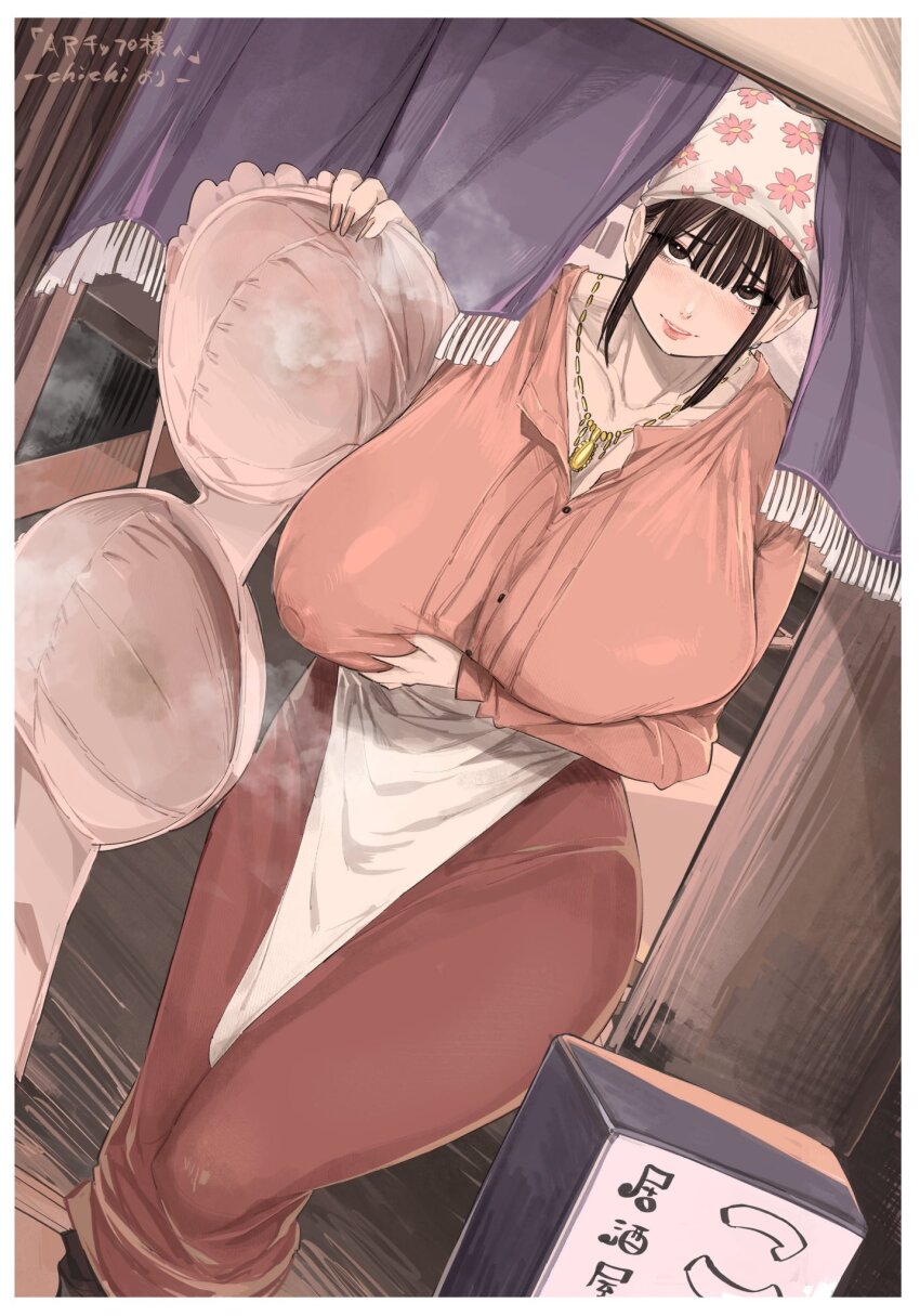 1girl apron arm_under_breasts artist_name blush bra breasts chichi8181 choppy_bangs collarbone commentary_request covered_erect_nipples dutch_angle furrowed_brow gold_necklace hair_between_eyes hand_on_own_chest highres holding holding_bra holding_underwear holding_unworn_clothes huge_breasts implied_lactation izakaya jewelry kotobuki_haruna long_skirt looking_at_viewer milk_stain necklace original pink_bra pink_lips pink_shirt presenting_bra shirt skirt smile solo stain stained_clothes standing steam tenugui underwear unworn_bra waist_apron