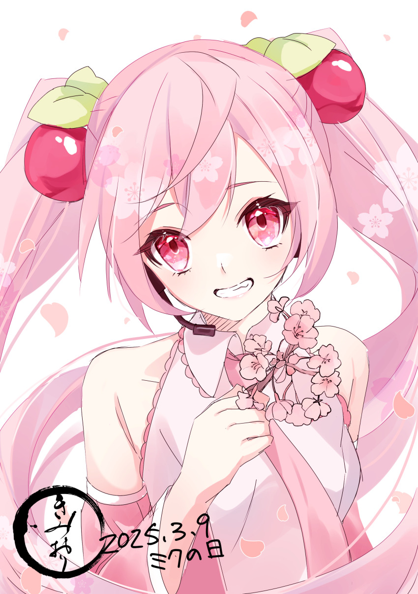 1girl absurdres branch cherry_blossoms cherry_hair_ornament falling_petals floral_print flower food-themed_hair_ornament grin hair_ornament hatsune_miku highres holding holding_branch holding_flower kimiori_(yuapple241) necktie pale_skin petals pink_eyes pink_flower pink_hair pink_necktie pink_sleeves plant sakura_miku smile solo twintails vocaloid white_background