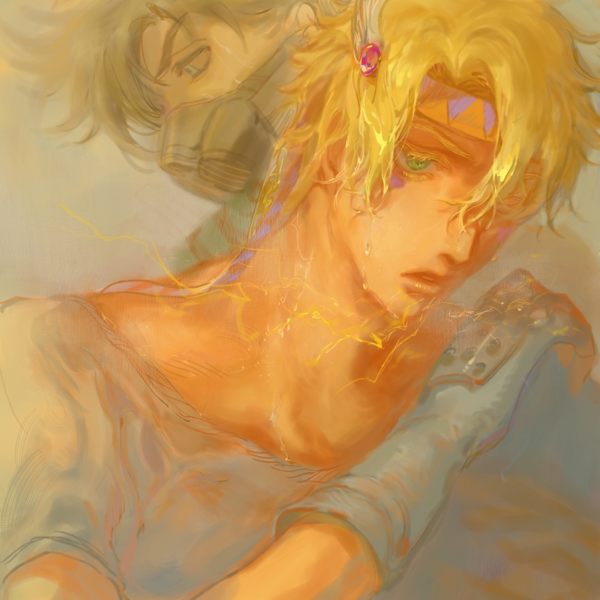 2boys battle_tendency blonde_hair brown_hair caesar_anthonio_zeppeli electricity facial_mark feather_hair_ornament feathers fingerless_gloves gloves green_eyes hair_ornament headband highres jojo_no_kimyou_na_bouken joseph_joestar joseph_joestar_(young) male_focus mask mitus multiple_boys muted_color triangle_print wet wet_hair