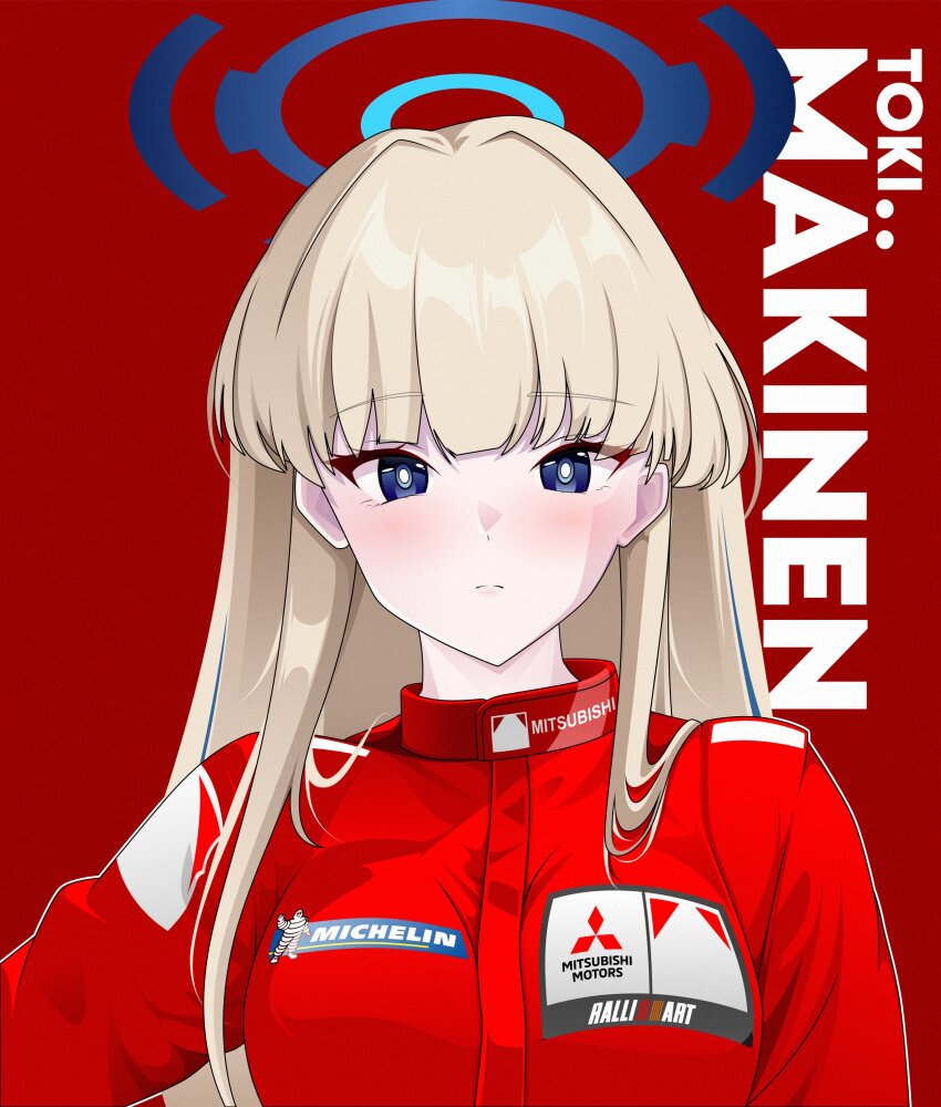 1girl absurdres blue_archive blue_eyes blue_halo blush breasts character_name cosplay expressionless halo highres jacket long_hair looking_at_viewer medium_breasts michelin mitsubishi_motors portrait racing_suit ralliart real_life red_background red_jacket rlayuta simple_background solo toki_(blue_archive) tommi_makinen tommi_makinen_(cosplay) world_rally_championship