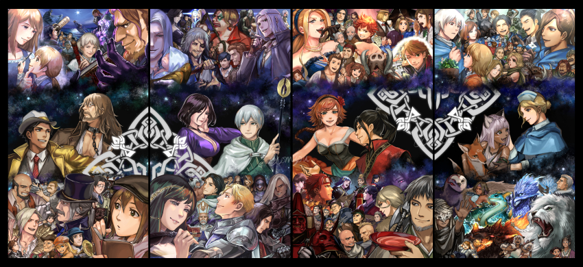 6+boys 6+girls absolutely_everyone absurdres agnea_bristarni animal_ears armor baby bald beard bird black_border black_gloves boar book border braid breasts newsboy_cap castti_florenz cleavage collar comcannele cup everyone eyepatch facial_hair fedora fingerless_gloves flower forehead_protector fox gloves hair_flower hair_ornament hat highres hikari_ku lion mask medium_breasts metal_collar multiple_boys multiple_girls mustache necktie night nurse_cap ochette_(octopath_traveler) octopath_traveler octopath_traveler_ii ojou-sama_pose osvald_v._vanstein owl partitio_yellowil ponytail sakazuki sea_serpent smile staff temenos_mistral throne_anguis top_hat twitter_username whip