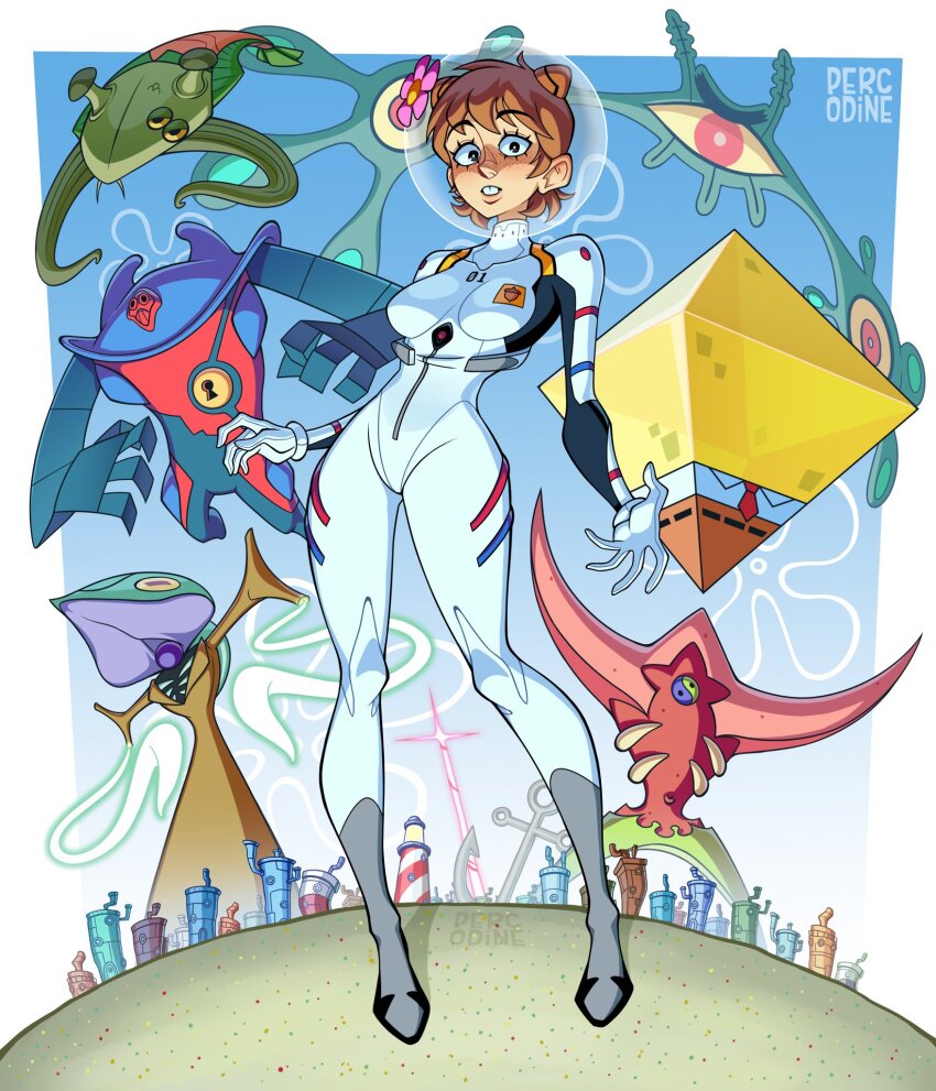 1girl 6+others angel_(evangelion) artist_name breasts brown_hair bubble_bass creature full_body highres israfel_(evangelion) man_ray_(spongebob) mecha_pilot_suit monster multiple_others neon_genesis_evangelion parody patrick_star percodine plankton_(spongebob) plugsuit_(evangelion) ramiel_(evangelion) sachiel_(evangelion) sahaquiel_(evangelion) sand sandy_cheeks shamshel_(evangelion) spongebob_squarepants spongebob_squarepants_(series) squidward_tentacles standing teeth zeruel_(evangelion)