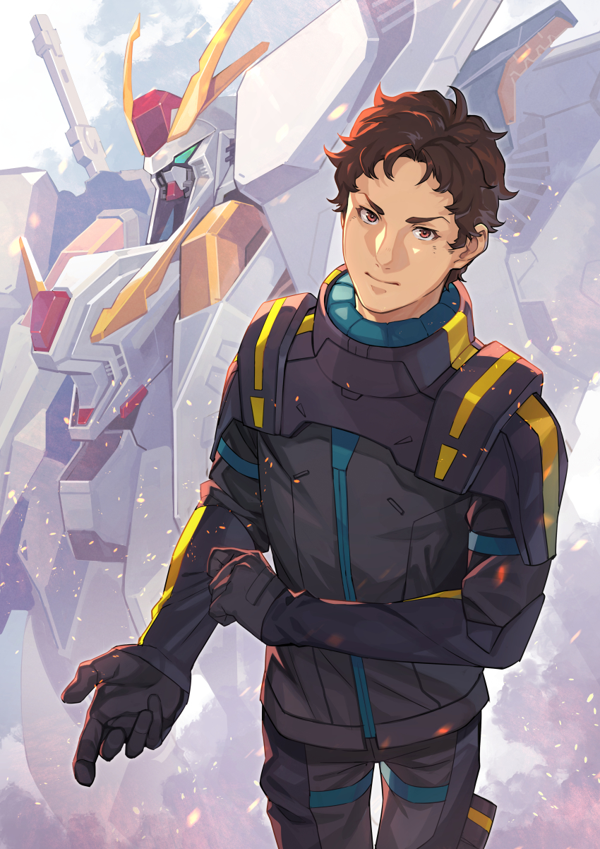 1boy absurdres brown_eyes brown_hair commentary curly_hair green_eyes gundam gundam_hathaway&#039;s_flash hathaway_noa highres looking_at_viewer male_focus mecha mecha_pilot_suit mobile_suit normal_suit_(gundam) pilot_suit robot short_hair uedrk_yamato upper_body v-fin xi_gundam