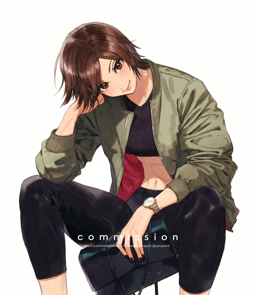 1girl abs black_nails black_pants brown_eyes brown_hair casual commission crop_top green_jacket head_tilt highres jacket kazama_asuka open_clothes open_jacket pants simple_background sitting smile solo sumustard tekken toned toned_female watch watermark wristwatch