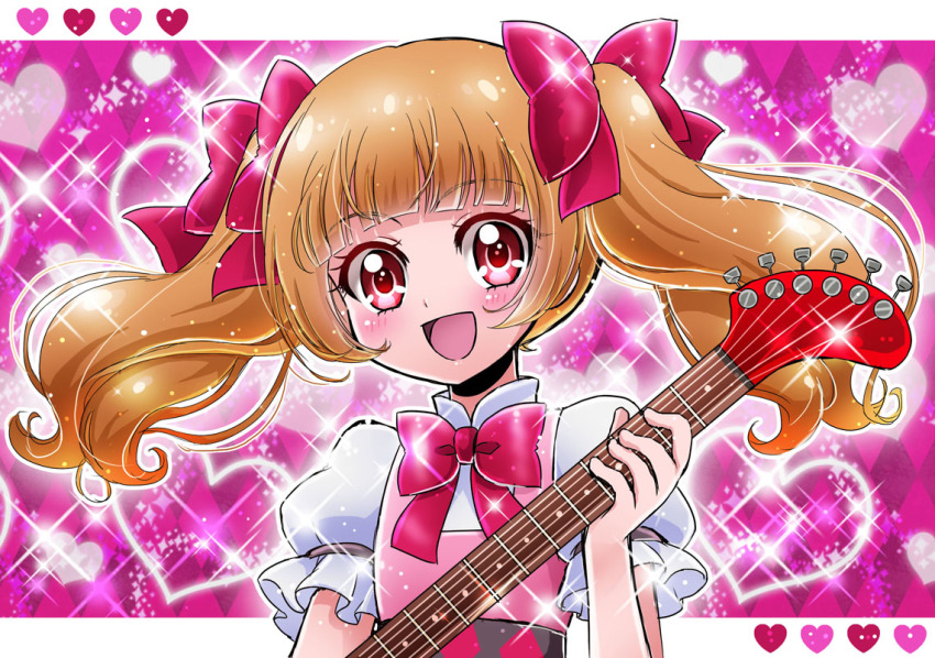 10s 1girl :d aisaki_emiru blunt_bangs blush bow brown_hair cokata dress female_focus guitar hair_bow heart heart_background heart_pattern hugtto!_precure instrument long_hair open_mouth pink_background pink_bow precure red_eyes short_sleeves smile solo sparkle twintails upper_body