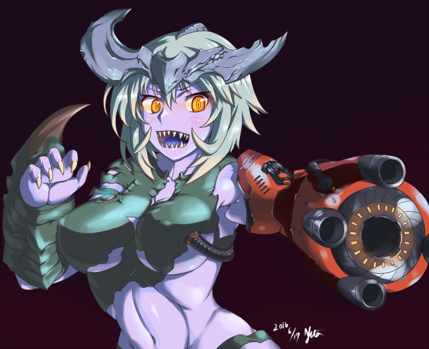 1girl arm_cannon breasts broken_horn colored_skin cyberdemon cyborg dated demon_girl demon_horns doom_(2016) doom_(series) female_focus fingernails genderswap genderswap_(mtf) glowing green_hair horns large_breasts midriff navel nishiumi_yuuta personification purple_background purple_skin sharp_fingernails sharp_teeth short_hair solo teeth torn_clothes underboob weapon yellow_eyes