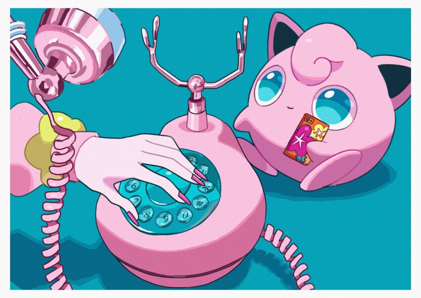 1other antique_phone border cable cellphone closed_mouth commentary fairy_miku_(project_voltage) gen_1_pokemon green_eyes hatsune_miku highres holding holding_phone jigglypuff long_sleeves looking_up nail_polish nintendo phone pink_nails pink_sweater pokemon pokemon_(creature) project_voltage saiku_(zvlku) scrunchie sitting smile sweater vocaloid white_border wrist_scrunchie