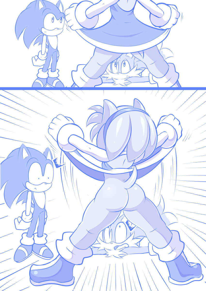 1girl 2boys :c :o absurdres amy_rose ass ass_focus back bare_legs boots bottomless bracelet bulma clothes_lift dragon_ball dress dress_lift flashing flashing_pussy fox furry gloves hair_ornament hairband hedgehog highres huge_ass jewelry legs medium_hair multiple_boys multiple_tails no_panties parody sega sheecktor shoes shota sonic_(series) sonic_the_hedgehog surprised tail tails_(sonic) two_tails