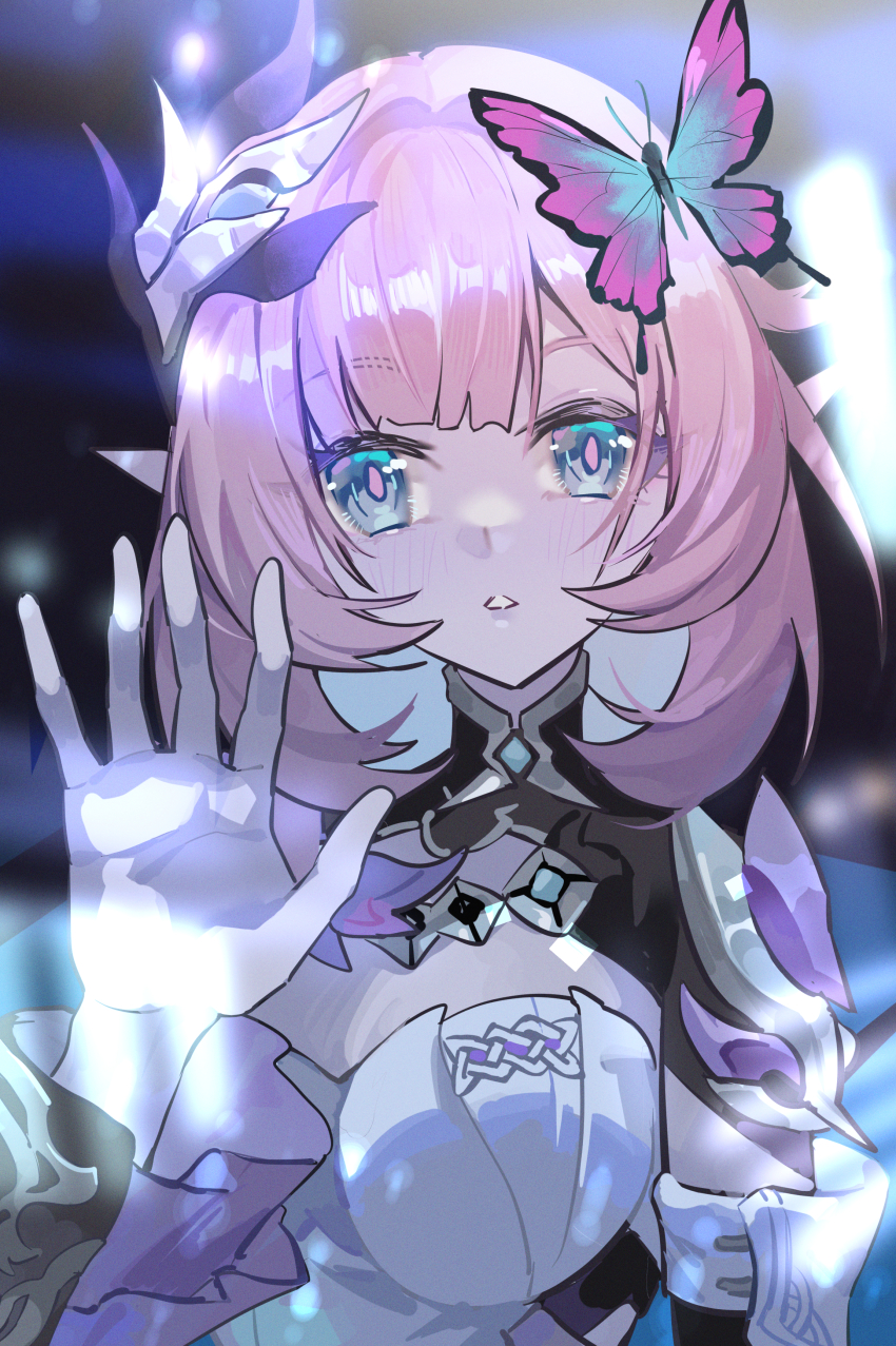 1girl absurdres blue_eyes breasts bug butterfly cleavage corset elf elysia_(honkai_impact) elysia_(miss_pink_elf)_(honkai_impact) hair_ornament highres honkai_(series) honkai_impact_3rd insect large_breasts long_hair looking_through_window pink_hair pointy_ears solo triangle_mouth upper_body white_corset xinliu_asato