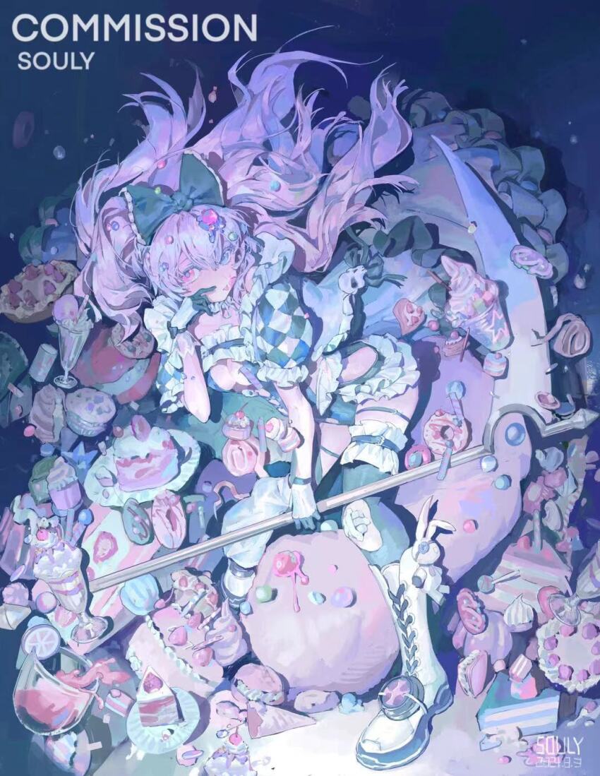 1girl artist_name black_ribbon black_thighhighs blue_eyes cake cleavage_cutout clothing_cutout commission cupcake dated dessert donut dress food frilled_dress frills fruit hair_ribbon heterochromia highres holding holding_polearm holding_weapon ice_cream lemon lemon_slice lolita_fashion long_hair original parfait pie pink_eyes pink_hair plate polearm ribbon scythe solo souly thighhighs weapon white_footwear