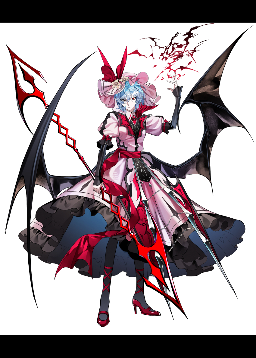 1girl absurdres bat_wings black_pantyhose black_wings blue_hair bow brooch closed_mouth collared_dress commentary_request dress flower frilled_dress frilled_sleeves frills full_body hat hat_bow hat_flower high_collar high_heels highres holding holding_polearm holding_weapon jewelry koumajou_densetsu koumajou_densetsu_1 layered_sleeves letterboxed lily_(flower) looking_at_viewer mob_cap nubezon pantyhose partial_commentary pink_hat polearm red_bow red_brooch red_eyes red_sash red_shoes remilia_scarlet sash shoes short_hair simple_background simple_bat solo spear spear_the_gungnir standing touhou weapon white_background white_flower wings