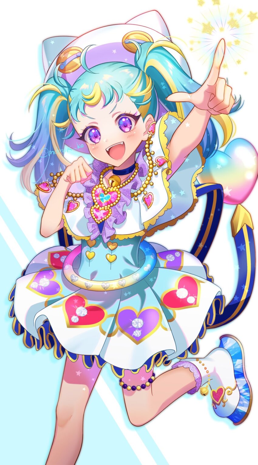 1girl :d ahoge animal_hat arm_up bell blonde_hair blue_collar blue_dress blue_hair capelet cat_hat chain collar commentary_request dress foot_out_of_frame hand_up hat heart highres index_finger_raised jingle_bell long_hair looking_at_viewer mendamen multicolored_hair myamu open_mouth pointing pointing_up pretty_series purple_eyes shoes smile solo standing standing_on_one_leg star_(symbol) streaked_hair thigh_strap twintails v-shaped_eyebrows waccha_primagi! white_capelet white_shoes