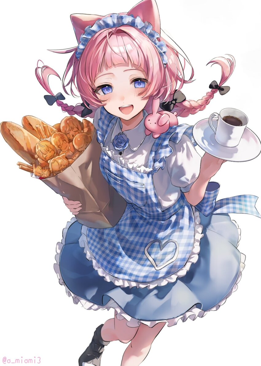 1girl :d alternate_costume animal animal_ears animal_on_shoulder apron arched_bangs back_bow bag baguette black_bow blue_apron blue_flower blue_headdress blue_skirt blush bow braid bread breasts character-themed_food churro collared_shirt commentary_request croissant cup dress enmaided floating_hair flower food foot_out_of_frame frilled_apron frilled_skirt frills gingham gingham_apron hair_bow highres higuchi_kaede holding holding_bag holding_tray hoshikawa_sara kanae_(nijisanji) kemonomimi_mode knees_together_feet_apart leos_vincent long_hair looking_at_viewer maid maid_headdress nanajigen_seitokai_(nijisanji) nijisanji nijisanji_gta open_mouth oumiomi pink_hair puffy_short_sleeves puffy_sleeves purple_eyes rabbit ryuushen saegusa_akina saucer shirt short_sleeves simple_background skirt small_breasts smile solo standing suo_sango teacup teeth tray twin_braids twitter_username upper_teeth_only virtual_youtuber white_background white_shirt