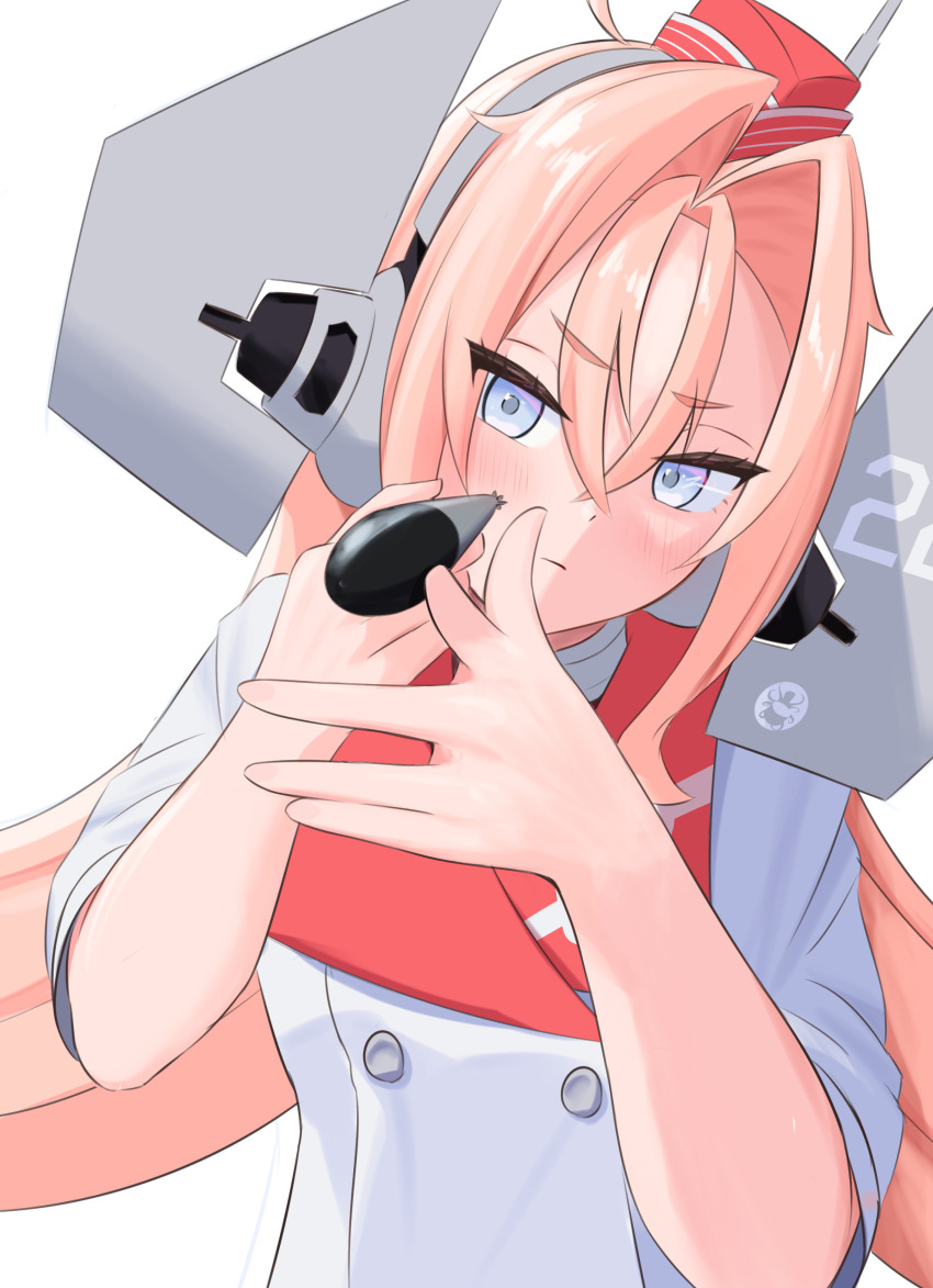 1girl absurdres coat drum_(kancolle) garrison_cap grey_eyes hair_between_eyes hat headgear highres holding kantai_collection l_meet long_hair pink_hair red_hat simple_background solo torpedo upper_body very_long_hair white_background white_coat