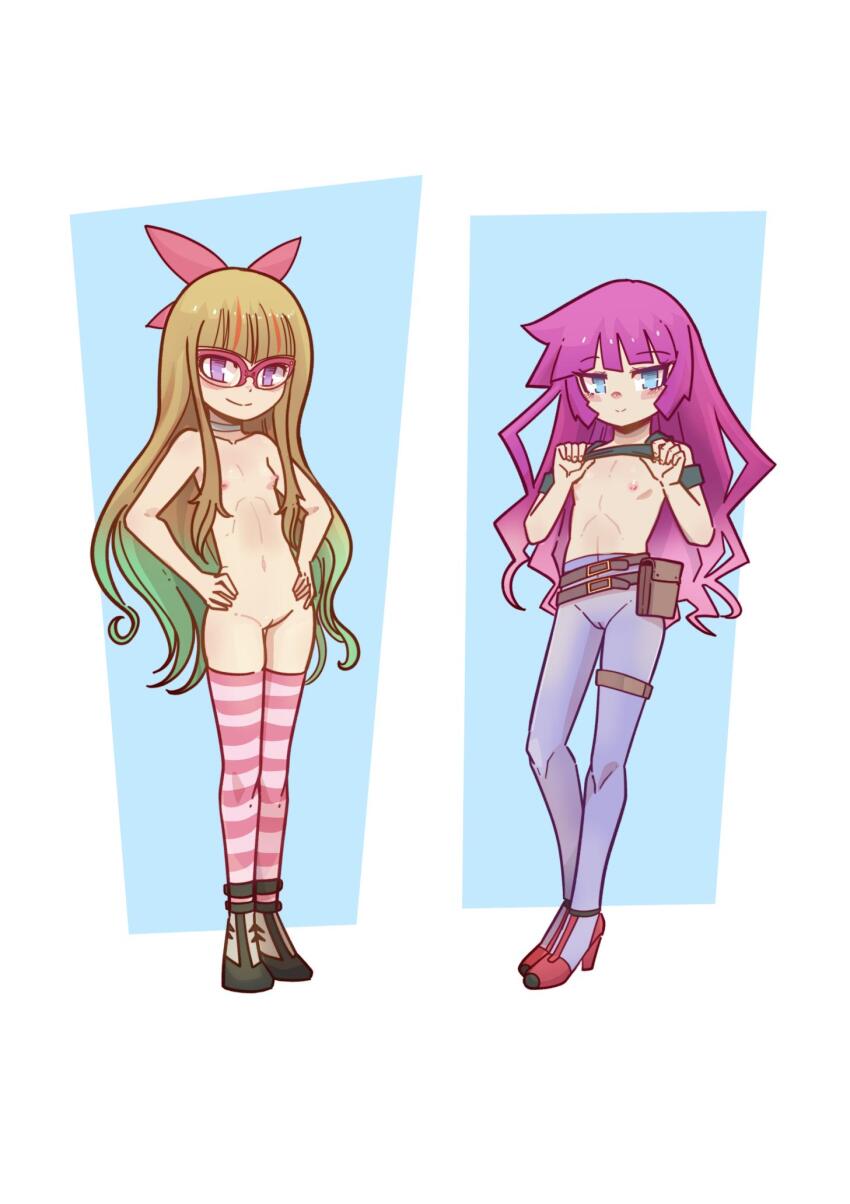 2girls bare_shoulders black_shirt black_shoes blue_background blue_eyes blush bow brown_hair clothes_lift clothing_cutout collarbone eyelashes female_focus flat_chest full_body glasses gradient_hair green_hair hair_bow hands_on_own_hips high_heels highres kirishima_romin legs_together lifting_own_clothes loli long_hair looking_at_viewer mr-e multicolored_hair multiple_girls nipples no_bra no_panties nude ohdo_yuamu over-rim_eyewear pantyhose pink_thighhighs purple_eyes purple_hair purple_pantyhose red-framed_eyewear red_bow red_shoes semi-rimless_eyewear shirt shirt_lift shoes shoulder_cutout standing striped_clothes striped_thighhighs thighhighs two-tone_background two-tone_hair uncensored white_background yu-gi-oh! yu-gi-oh!_go_rush!! yu-gi-oh!_sevens