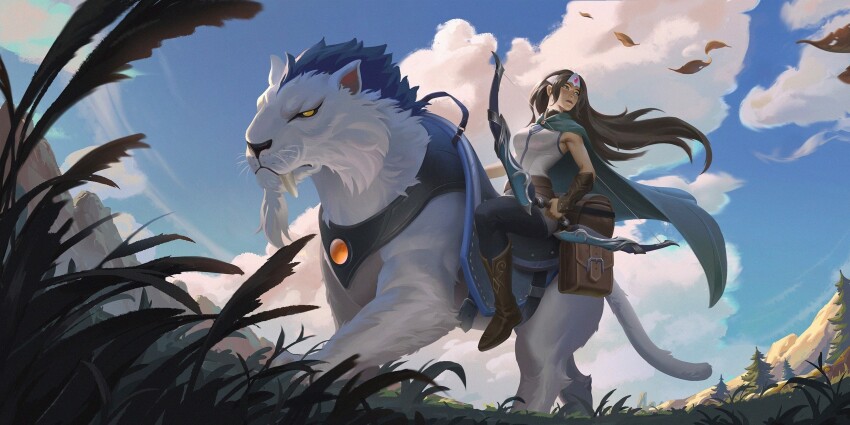 1boy blue_cape blue_pants blue_sky boots bow_(weapon) breasts brown_boots brown_eyes brown_hair cape circlet cloud cloudy_sky dota_(series) dota_2 duongcua098 grass highres holding holding_bow_(weapon) holding_weapon lion long_hair medium_breasts mirana_(dota) outdoors pants shirt sky sleeveless sleeveless_shirt solo weapon wind wind_lift