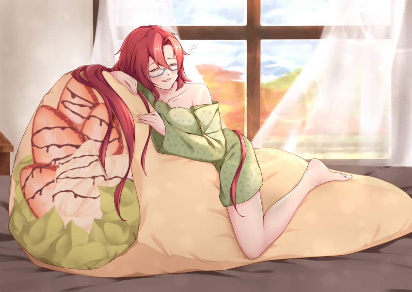 1girl altheavin barefoot black-framed_eyewear blush closed_eyes closed_mouth collarbone commentary_request crepe curtains food glasses green_pajamas highres indoors labyrista_(princess_connect!) long_hair looking_at_viewer lying off_shoulder pajamas pillow princess_connect! red_hair semi-rimless_eyewear single_bare_shoulder sleeping smile solo under-rim_eyewear very_long_hair window
