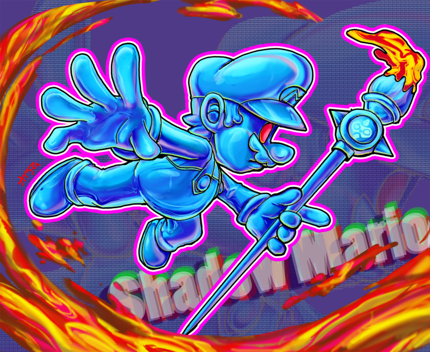 1boy character_name clone facial_hair full_body gloves hat highres mario_(series) mustache nintendo overalls paint paintbrush red_eyes shadow_mario solo super_mario_sunshine