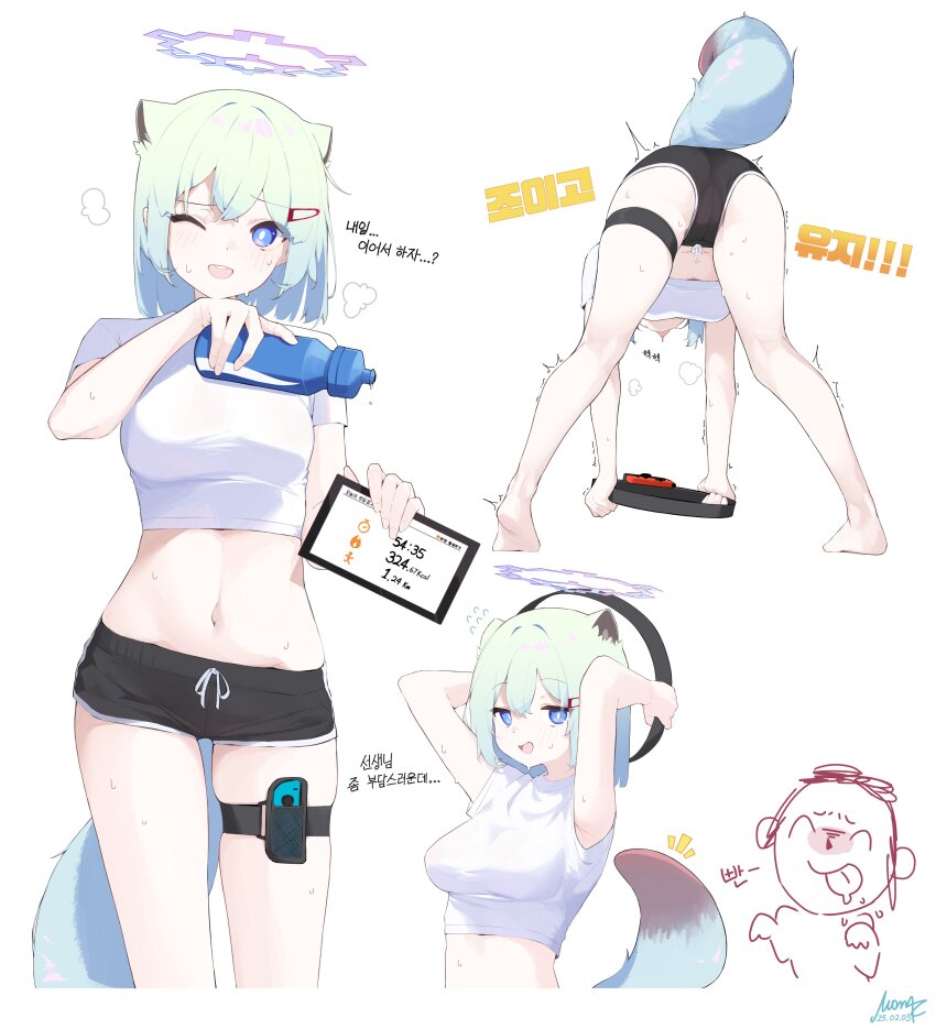 1girl absurdres alternate_costume animal_ears arms_up ass black_shorts blue_archive blue_eyes blue_hair bottle breasts colored_inner_hair dated doodle_sensei_(blue_archive) fang flying_sweatdrops green_hair gym_shorts hair_between_eyes hair_ornament hairclip halo heavy_breathing highres holding holding_bottle holding_tablet_pc korean_text medium_breasts midriff mona_kkkk multicolored_hair multiple_views notice_lines one_eye_closed open_mouth pose_request purple_halo sensei_(blue_archive) shigure_(blue_archive) shirt short_hair shorts signature simple_background smile sweat tablet_pc tail teeth thigh_strap tongue tongue_out translation_request trembling two-tone_hair water_bottle weasel_ears weasel_girl weasel_tail white_background white_shirt