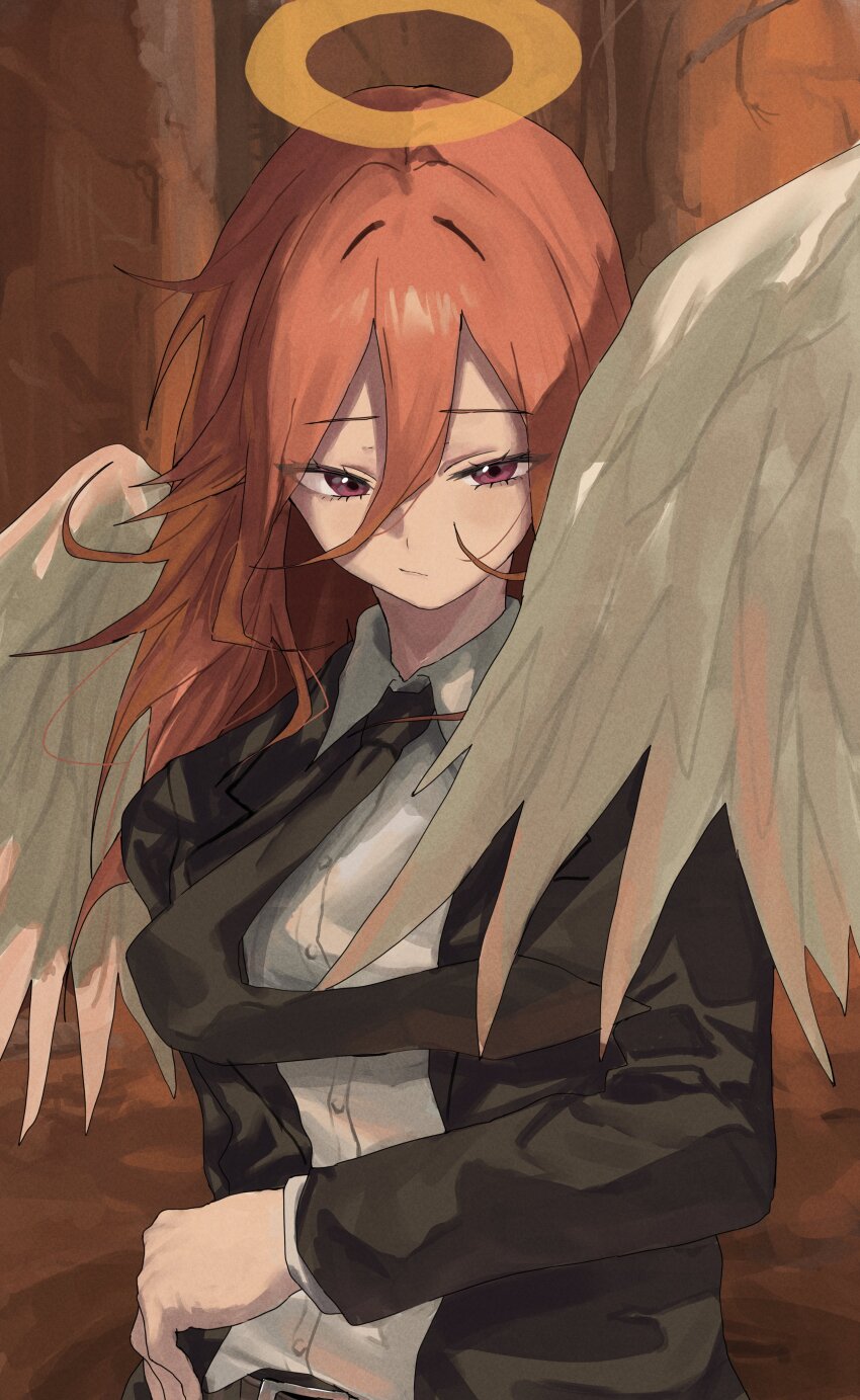 1boy :/ absurdres androgynous angel_devil_(chainsaw_man) angel_wings belt black_necktie black_suit brown_eyes brown_hair chainsaw_man formal_clothes hair_between_eyes halo highres long_hair looking_at_viewer necktie nekoshima_kaede shirt solo standing suit trap white_shirt wings