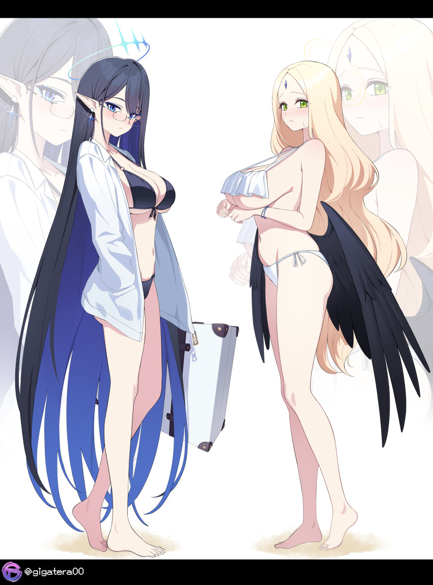 2girls absurdres ass ayumu_(blue_archive) bare_legs bare_shoulders barefoot bikini black_bikini black_hair black_wings blonde_hair blue_archive blue_eyes blue_hair blush breasts cleavage closed_mouth feathered_wings full_body giga-tera green_eyes highres holding jacket large_breasts legs long_hair looking_at_viewer medium_breasts multiple_girls multiple_views navel open_clothes purple_eyes rin_(blue_archive) sandals sideboob simple_background standing swimsuit thighs very_long_hair white_background white_bikini wings