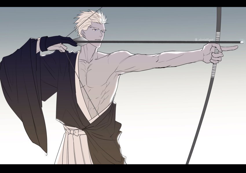 1boy abs aiming archer_(fate) archer_(izome_the_first_arrow)_(fate) arrow_(projectile) bow_(weapon) chinese_commentary commentary_request drawing_bow expressionless fate/stay_night fate_(series) gloves hakama highres holding holding_bow_(weapon) holding_weapon japanese_clothes letterboxed limited_palette male_focus partially_fingerless_gloves partly_fingerless_gloves pectorals shinkaifuyuki single_glove solo toned toned_male twitter_username weapon yugake