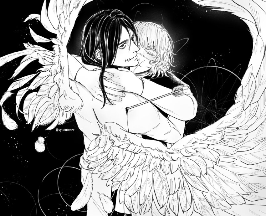 2boys angel_wings arms_around_neck arrow_(projectile) arrow_in_body badeni black_background black_hair black_tunic blood chi.:_chikyuu_no_undou_ni_tsuite closed_eyes facial_scar falling_feathers feathered_wings feathers greyscale hair_between_eyes highres long_hair looking_at_viewer male_focus medium_hair monochrome multiple_boys muscular muscular_male oczy scar scar_on_cheek scar_on_face scar_on_mouth scar_on_nose shirt syuoutenze tonsure topless_male tunic twitter_username white_feathers white_shirt white_wings wings yaoi