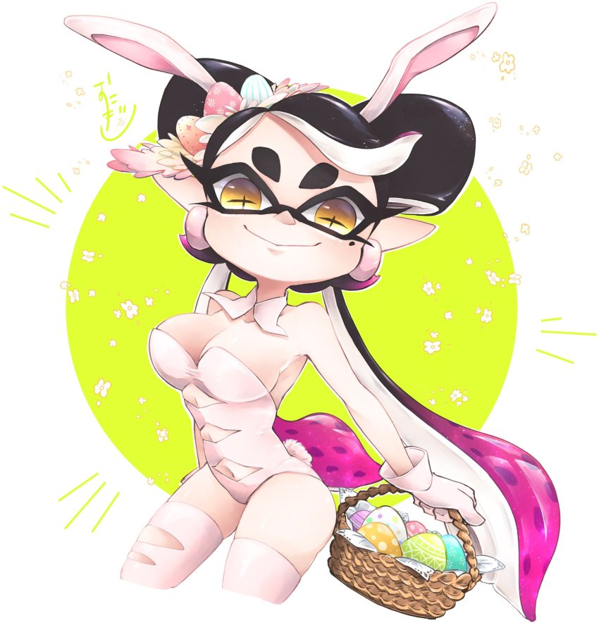+_+ 1girl animal_ears artist_name basket black_hair breasts brown_eyes callie_(splatoon) cleavage closed_mouth collar commentary cowboy_shot cropped_legs detached_collar earrings easter easter_egg egg english_commentary fake_animal_ears fake_tail gloves gradient_hair hair_ornament highres holding holding_basket inkling jewelry leotard long_hair looking_at_viewer medium_breasts mole mole_under_eye multicolored_hair navel nintendo okome_2g2g playboy_bunny pointy_ears purple_hair rabbit_ears rabbit_tail signature smile solo splatoon_(series) standing strapless strapless_leotard swept_bangs tail tentacle_hair thighhighs very_long_hair white_collar white_gloves white_leotard white_thighhighs