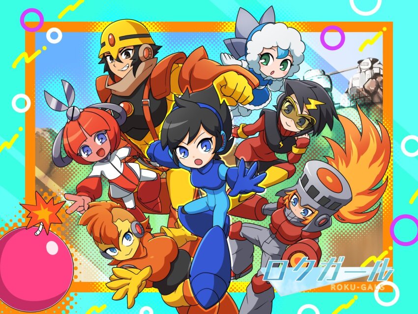 6+girls arm_cannon black_hair blue_bodysuit blue_coat blue_eyes blue_hair bodysuit bomb_man brown_hair coat cut_man dress elec_man fiery_hair fire_man genderswap genderswap_(mtf) group_picture guts_man helmet hood hood_up hooded_coat ice_man mega_man_(character) mega_man_(classic) mega_man_(series) mega_man_1 missing_commentary multiple_girls orange_hair purple_eyes short_hair togeshiro_azami weapon white_dress