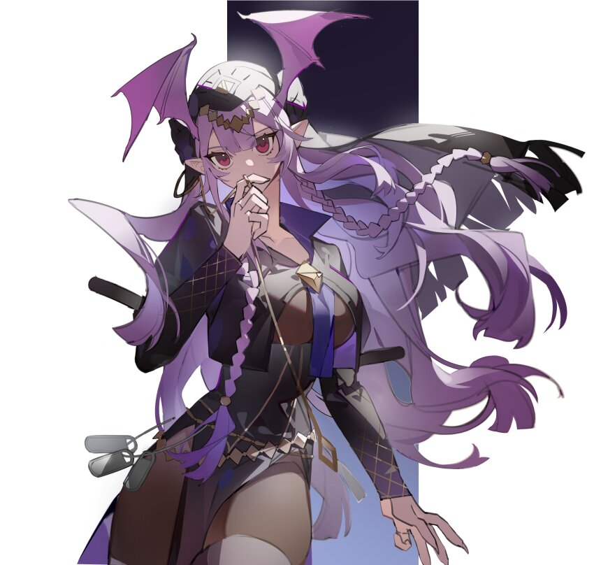 1girl absurdres arknights black_shirt bodystocking braid breasts covering_own_mouth cowboy_shot hand_over_own_mouth hand_up head_wings highres jewelry jiao_qiang_bu_sha large_breasts long_hair long_sleeves manticore_(arknights) manticore_(under_a_veil)_(arknights) medium_breasts official_alternate_costume pointy_ears purple_eyes purple_hair ring shirt simple_background solo underboob very_long_hair white_background wings