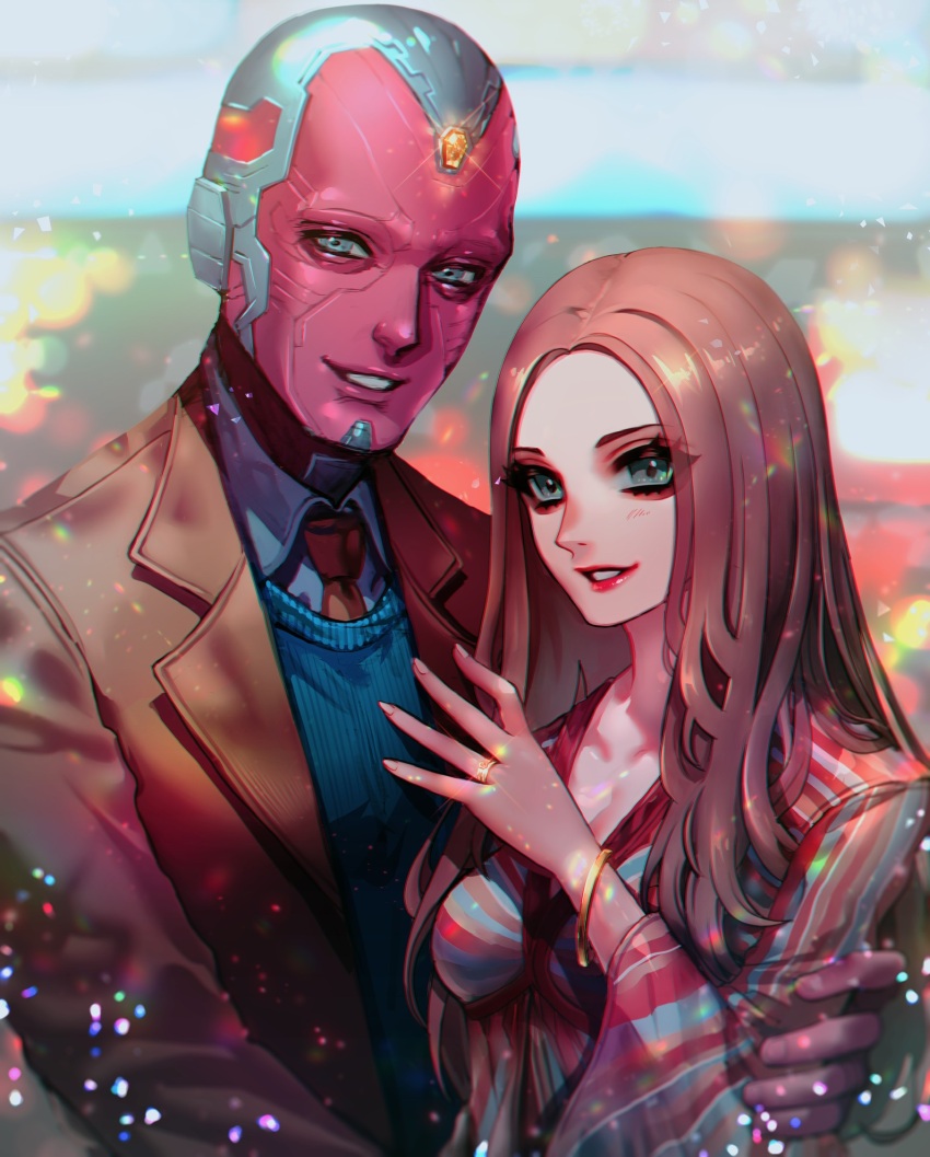 1boy 1girl animification bangle blue_dress blue_eyes blue_shirt blue_skin blue_vest border bracelet breasts brown_hair brown_jacket brown_necktie collarbone collared_jacket collared_shirt colored_skin commentary_request dress eyeshadow fingernails green_eyes hand_up highres jacket jewelry jigenn lips long_fingernails long_hair long_sleeves looking_at_viewer makeup marvel marvel_cinematic_universe medium_breasts multicolored_dress multicolored_skin necktie open_clothes open_jacket outside_border pink_dress red_eyeshadow red_lips red_skin shirt smile sparkle standing teeth vest vision_(marvel) wanda_maximoff wandavision white_border wide_sleeves