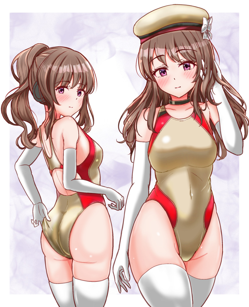1girl absurdres beret black_choker brown_eyes brown_hair charomi choker competition_swimsuit covered_navel elbow_gloves gloves gold_headwear gold_one-piece_swimsuit hat highleg highleg_one-piece_swimsuit highres long_hair multiple_views one-piece_swimsuit ponytail sakaide_asa station_memories swimsuit thighhighs two-tone_swimsuit white_gloves white_thighhighs
