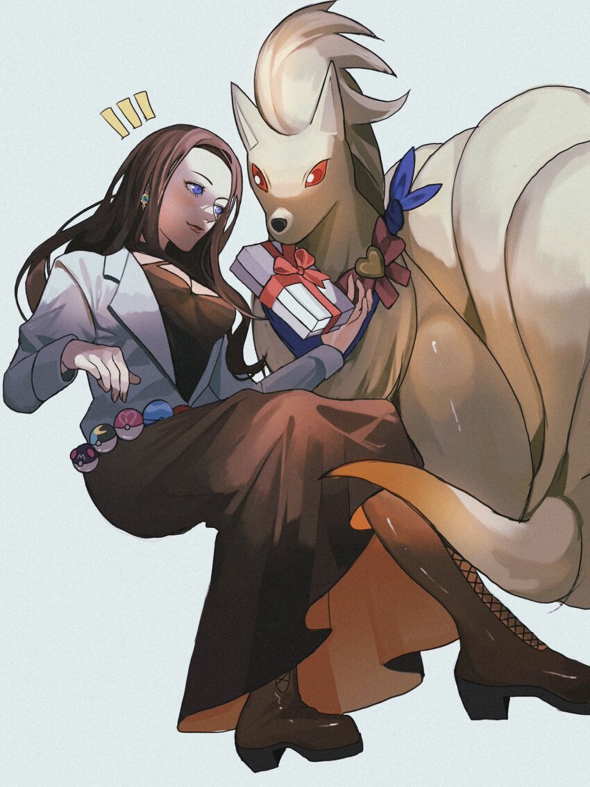 1girl blue_eyes blue_neckerchief boots bow box breasts brown_footwear brown_hair brown_lips brown_skirt colored_sclera commission dive_ball earrings fox gen_1_pokemon gift gift_box highres jewelry lips love_ball master_ball medium_breasts moon_ball neckerchief ninetales nintendo poke_ball pokemon pokemon_(creature) red_eyes red_sclera reo_(mmocc123) skeb_commission skirt smile white_background