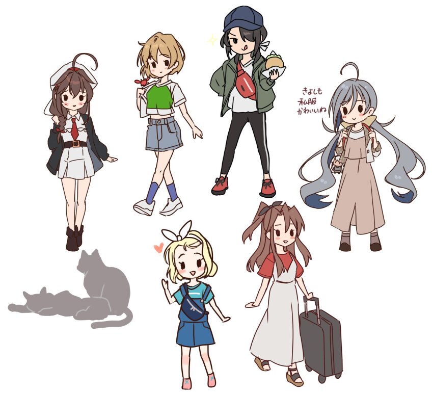 6+girls ahoge baseball_cap belt_bag black_hair black_jacket black_pants blonde_hair blue_headwear blue_skirt brown_dress cat crab_on_shoulder denim denim_skirt dress green_shirt grey_hair grey_jacket hair_between_eyes hair_over_one_eye hair_over_shoulder hat highres i-504_(kancolle) jacket kantai_collection kasumi_(skchkko) kiyoshimo_(kancolle) kiyoshimo_kai_(rainy_season)_(kancolle) kumano_maru_(kancolle) long_hair low_twintails luigi_torelli_(kancolle) luigi_torelli_(sasebo)_(kancolle) multiple_girls necktie oboro_(kancolle) oboro_(sasebo_2023)_(kancolle) official_alternate_costume overall_skirt overalls pants ponytail red_necktie red_shirt rolling_suitcase shigure_(kancolle) shigure_(sasebo_2023)_(kancolle) shigure_kai_san_(kancolle) shirt short_hair sidelocks simple_background skirt standing suitcase t-shirt twintails white_background white_dress white_shirt yoga_pants zuihou_(jal)_(kancolle) zuihou_(kancolle)