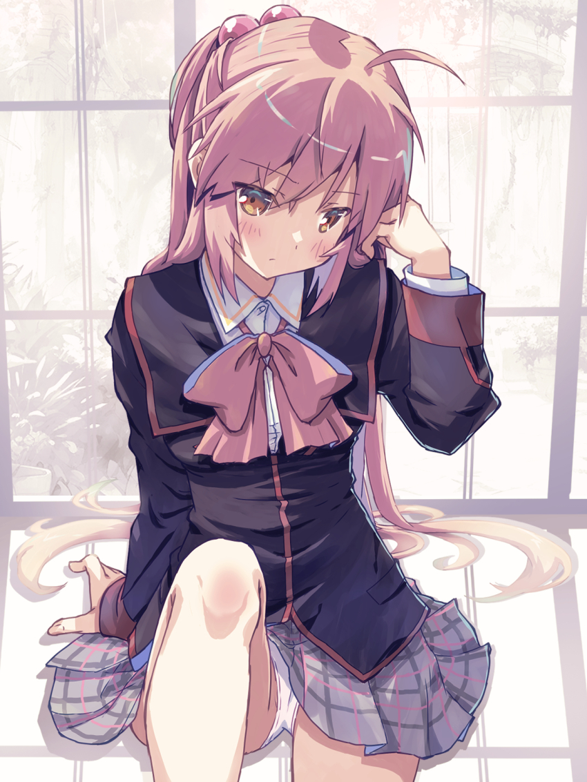 1girl akayama_yukihe black_jacket blazer bow bowtie brown_eyes closed_mouth collared_shirt commentary_request futaki_kanata grey_skirt hair_bobbles hair_ornament highres jacket knee_up little_busters! little_busters!_school_uniform long_hair long_sleeves panties pink_bow pink_bowtie plaid_clothes plaid_skirt pleated_skirt purple_hair school_uniform shirt side_ponytail skirt solo underwear white_panties white_shirt