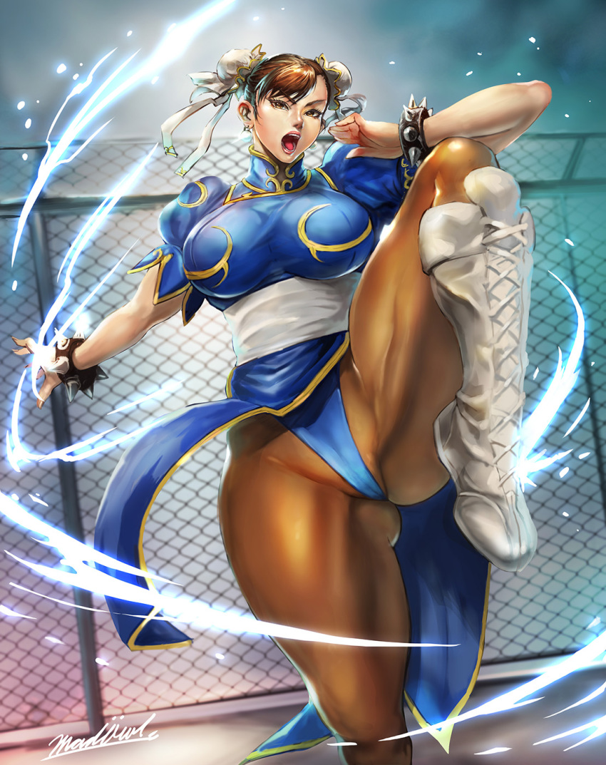 1girl blue_dress boots bracelet breasts brown_eyes brown_hair brown_pantyhose bun_cover cameltoe capcom chain-link_fence china_dress chinese_clothes chun-li cross-laced_footwear double_bun dress fence fighting_stance hair_bun hair_pulled_back highres jewelry large_breasts leg_up madowl muscular muscular_female pantyhose pelvic_curtain puffy_short_sleeves puffy_sleeves sash short_hair short_sleeves side_slit solo spiked_bracelet spikes street_fighter street_fighter_ii_(series) thick_thighs thighs white_boots