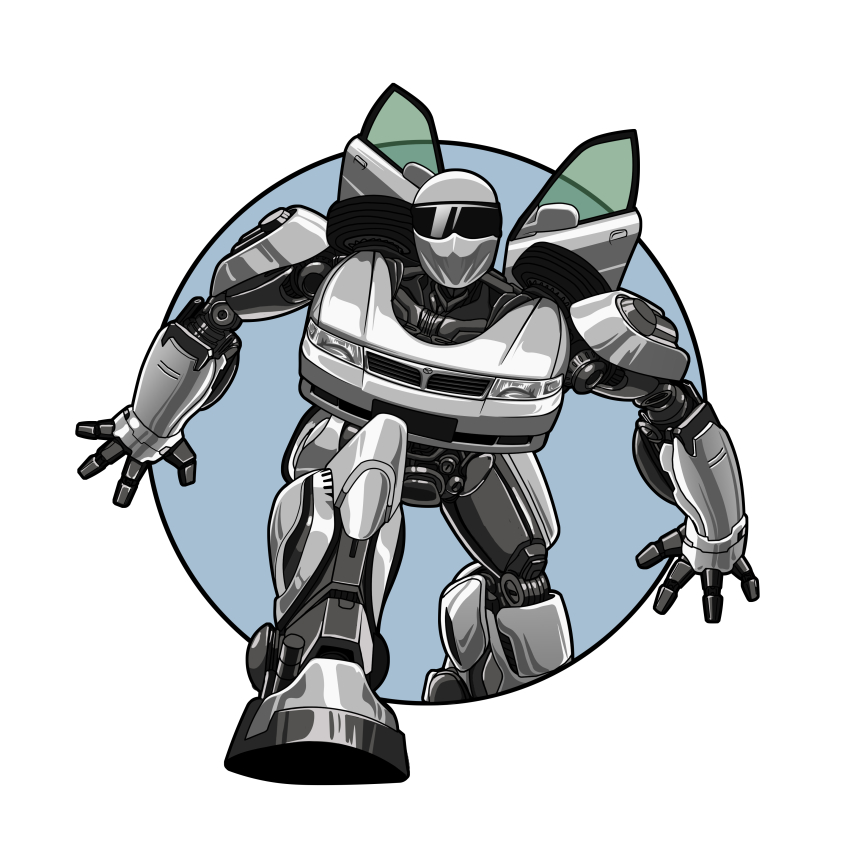 absurdres chinese_commentary highres looking_at_viewer mecha mecha_focus mechanization mitsubishi_lancer_evolution mitsubishi_motors no_humans original robot science_fiction walking wu_geng_liuli