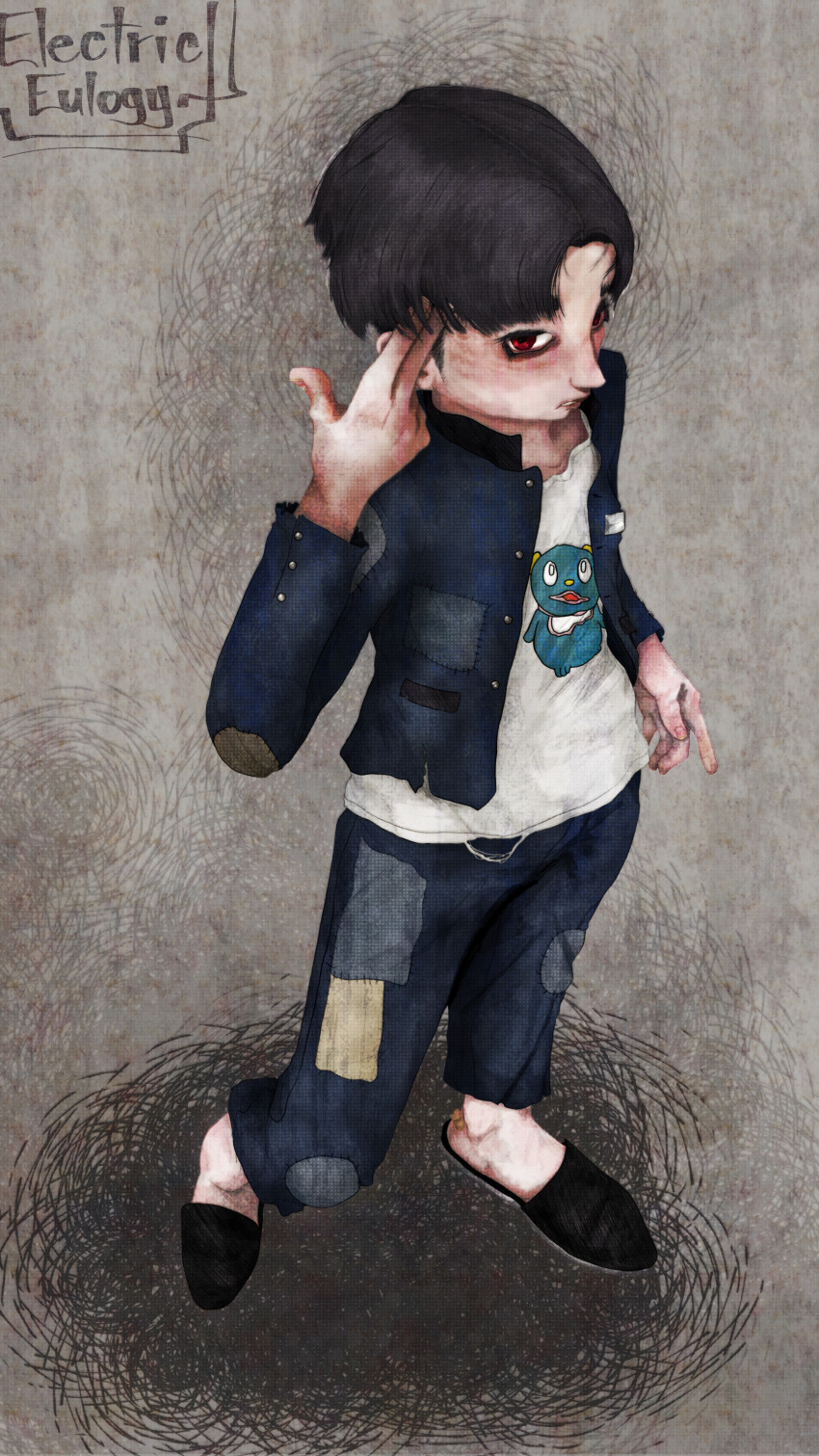 1boy absurdres black_hair black_slippers blue_jacket blue_pants blush collarbone finger_gun full_body grey_background highres jacket looking_at_viewer looking_up male_focus maruko_gaku pants parted_bangs parted_hair red_eyes shirt simple_background slippers solo solo_focus standing the_hundred_line_-last_defense_academy- white_shirt