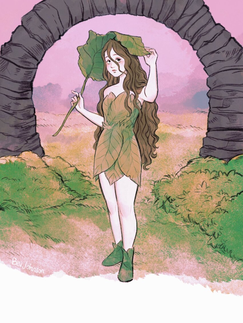 1girl adjusting_clothes adjusting_headwear arch bev_johnson brown_hair bush character_request check_character check_copyright closed_mouth commentary copyright_request dress english_commentary giant_leaf grass green_eyes green_shoes hair_between_eyes highres holding holding_leaf leaf leaf_dress leaf_on_head light_blush long_hair looking_up loose_hair_strand messy_hair original purple_sky shoes sky sleeveless sleeveless_dress solo tree very_long_hair