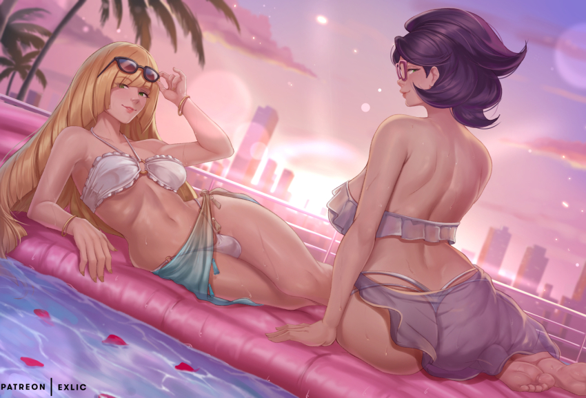 1futa 1girl arm_support ass bare_arms bare_shoulders barefoot big_hair bikini black-framed_eyewear blonde_hair breasts building bulge cloud commentary english_commentary exlic eyewear_on_head feet futanari glasses green_eyes green_sarong hair_over_one_eye inflatable_raft large_breasts lens_flare light_smile long_hair lusamine_(pokemon) lying mature_female medium_breasts nail_polish navel nintendo o-ring o-ring_bikini o-ring_bottom o-ring_top on_side outdoors palm_tree patreon_username pokemon pokemon_sm pool profile purple_bikini purple_hair purple_sarong red-framed_eyewear sarong see-through_clothes see-through_sarong sideways_glance sitting skyscraper smile soles sunglasses swimsuit thong_bikini toes tree twilight very_long_hair water water_drop wet white_bikini wicke_(pokemon) yellow_nails yokozuwari