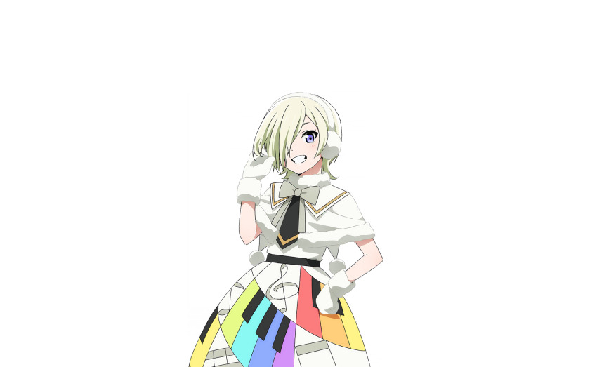 1girl blonde_hair capelet clenched_hand clenched_teeth colorful_dreams!_colorful_smiles!_(love_live!) cowboy_shot dress earmuffs fur-trimmed_capelet fur-trimmed_collar fur-trimmed_gloves fur_trim gloves grey_ribbon hair_over_one_eye hand_on_own_hip hand_up highres looking_at_viewer love_live! love_live!_nijigasaki_high_school_idol_club love_live!_school_idol_festival_2 mia_taylor mittens musical_note musical_note_print neck_ribbon official_art one_eye_covered piano_print purple_eyes rainbow_print rainbow_skirt ribbon short_hair smile solo teeth transparent_background white_capelet white_dress white_mittens
