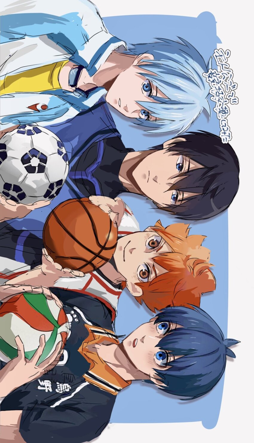 4boys ahoge ball basketball_(object) black_bodysuit black_hair black_shirt blue_eyes blue_hair blue_jacket blue_lock bodysuit closed_mouth crossover en_llll free! goggles goggles_around_neck haikyuu!! highres hinata_shouyou holding holding_ball isagi_yoichi jacket kuroko_no_basuke kuroko_tetsuya looking_at_another male_focus matsuoka_rin multiple_boys open_mouth orange_eyes orange_hair shirt short_hair sideways smile soccer_ball volleyball_(object) white_jacket