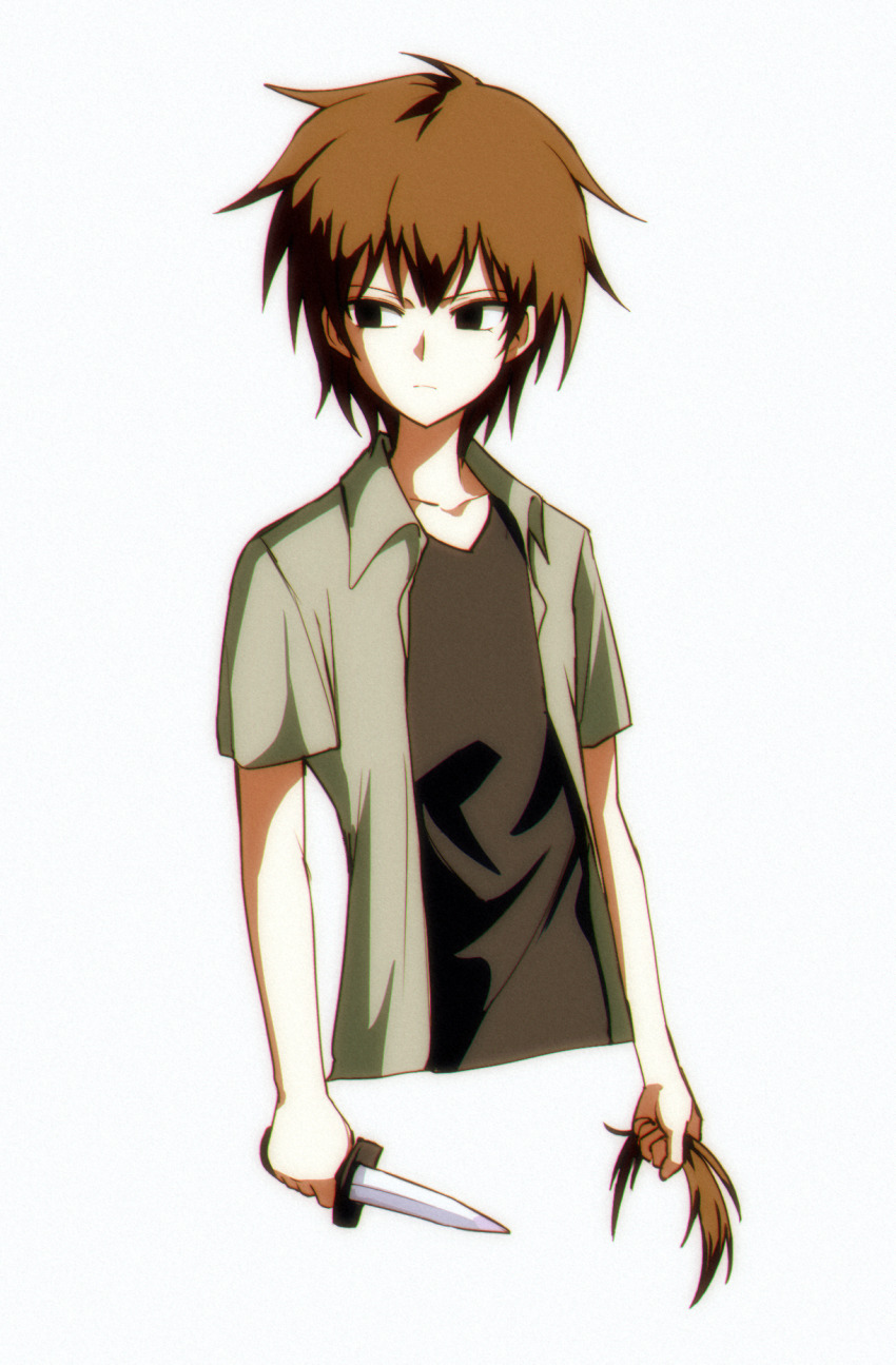 1other androgynous atoymk black_shirt brown_hair chromatic_aberration closed_mouth collared_shirt dagger film_grain grey_shirt highres holding holding_dagger holding_knife holding_own_hair holding_weapon knife kurohebi len&#039;en no_headband open_clothes open_shirt other_focus shirt short_hair short_sleeves simple_background solo upper_body weapon white_background