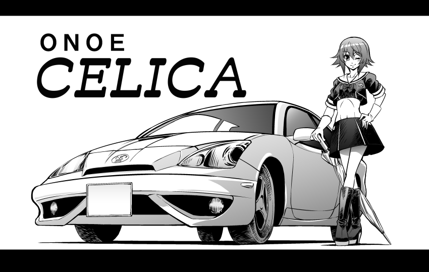 1girl absurdres bandeau black_bandeau black_boots boots car chaos;child character_name chest_bow cropped_jacket eibon gloves hand_on_own_hip hekiho_academy hekiho_academy_school_uniform highres knee_boots kneehighs leather leather_boots long_hair looking_at_viewer miniskirt motor_vehicle navel one_eye_closed onoe_serika outdoors sailor_collar school_emblem school_uniform short_hair_with_long_locks short_sleeves skirt smile socks solo standing stomach striped_bandeau toyota_celica umbrella vehicle_focus white_car white_sailor_collar white_sleeve_cuffs