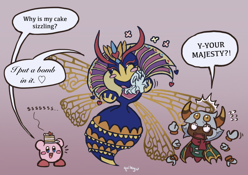 1girl antennae blush_stickers cake cake_slice cape fangs flying_sweatdrops food gloves gradient_background green_cape highres horns insect_wings kirby kirby_(series) nintendo open_mouth own_hands_together queen_sectonia quikyu rayman_limbs red_scarf scarf signature taranza white_gloves wings