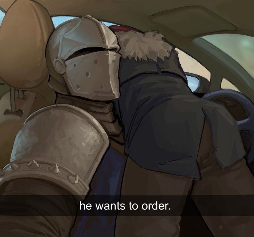 2boys alibonbonn armor ass beard car_interior car_seat commentary commission connected_beard couple crusader_(darkest_dungeon) darkest_dungeon drive-thru english_commentary english_text facial_hair facing_viewer full_beard grey_helmet he_wants_to_order_(meme) helmet highwayman_(darkest_dungeon) knight looking_at_viewer lying_on_person male_focus mature_male meme multiple_boys short_hair snapchat steering_wheel thick_eyebrows yaoi