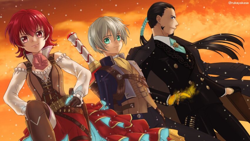 1girl 2boys alternate_costume black_hair detached_sleeves gloves green_eyes group_picture holster iria_animi multiple_boys official_alternate_costume ponytail red_eyes red_hair ricardo_soldato ruca_milda rukanyo scarf short_hair smile tales_of_(series) tales_of_innocence twitter_username weapon white_hair