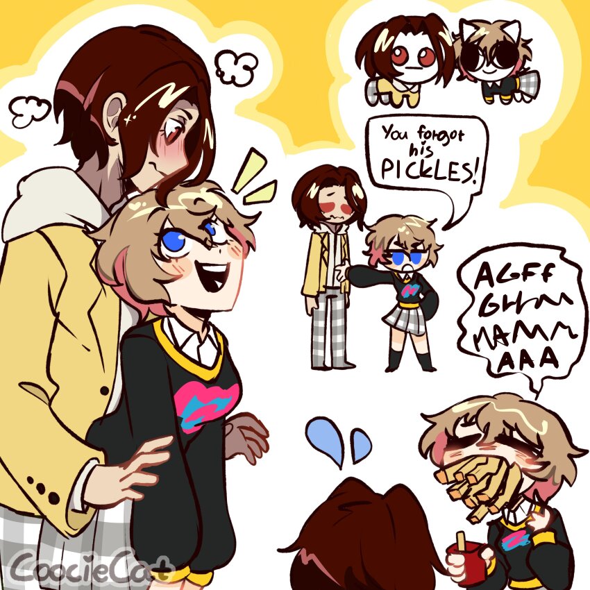 1boy 1girl absurdres arai_motoha blush catcoocie english_text hetero highres open_mouth pants persona persona_5 persona_5:_the_phantom_x plaid_clothes plaid_pants plaid_skirt school_uniform short_hair simple_background skirt smile socks speech_bubble wonder_(p5x)