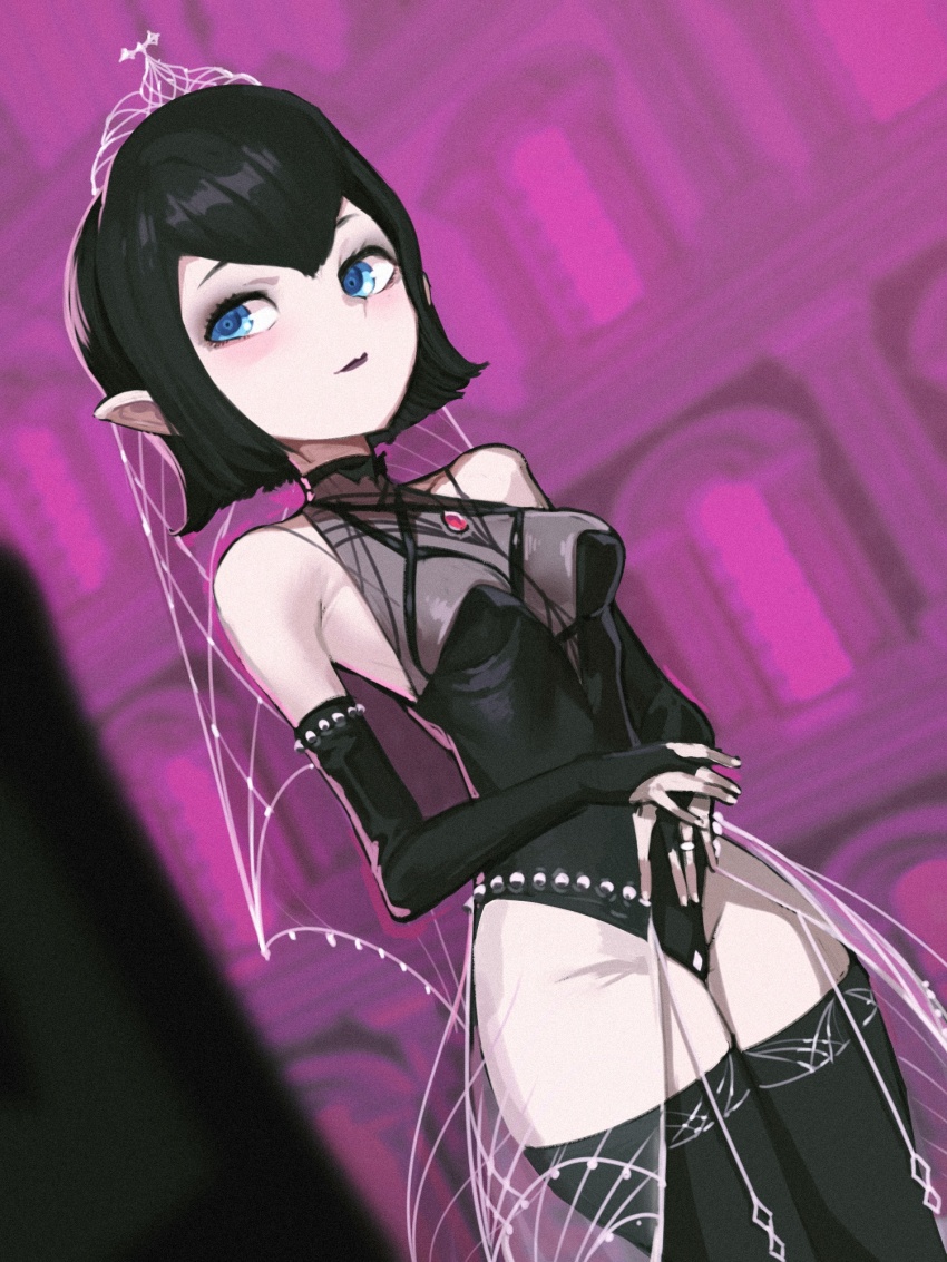 1girl alternate_costume bad_id bad_pixiv_id bare_shoulders black_gloves black_hair black_leotard black_lips black_thighhighs blue_eyes breasts bridal_gauntlets closed_mouth dutch_angle gem gloves goth_fashion highres hotel_transylvania indoors jin_rou leotard mavis_dracula medium_breasts pink_background pointy_ears purple_lips see-through_clothes shiny_clothes shiny_skin short_hair thighhighs tiara
